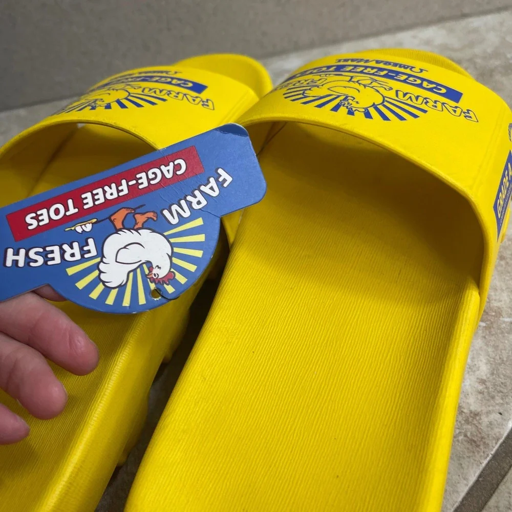Meow Wolf Omega‎ Mart Cage-Free Toes Yellow Egg Carton Slides Men 10.5 women 12